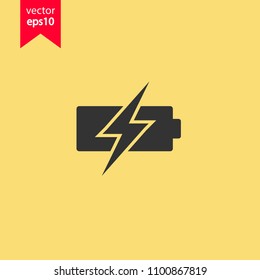 Battery indicator vector icon. Accumulator battery charge energy icon. Yellow background. EPS 10 vector sign.