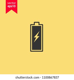 Battery indicator vector icon. Accumulator battery charge energy icon. Yellow background. EPS 10 vector sign.