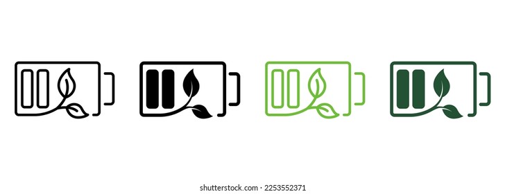 Akku mit Leaf Green Energy Line und Silhouette Icon Farbsatz. Erneuerbarer Akkumulator mit Anlage. Eco Rechargeable Energy Symbol Collection auf weißem Hintergrund. Einzelne Vektorgrafik.