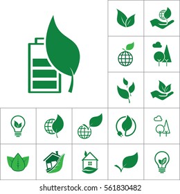 battery with leaf icon, alternative energy set on white background