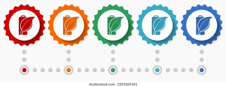 Battery with leaf vector icon set, colorful infographic template, set of flat design badge icons in 5 color options