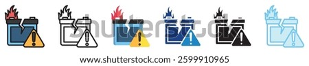 Battery leak multi style, mini illustration icon set. outline, flat, glyph, line color, UI, UX, app and web, digital or print. vector EPS 10 related to EV, electric car, transportation.