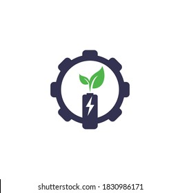 Battery with leaves gear shape concept vector logo design. Battery and leaf icon natural energy symbol design element logo template	