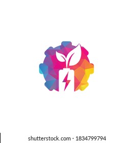 Battery leaves gear shape concept vector logo design. Battery and leaf icon natural energy symbol design element logo template	