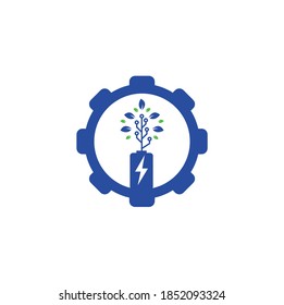 Battery leaves gear shape concept vector logo design. Battery and leaf icon natural energy symbol design element logo template