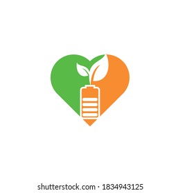 Battery hinterlässt Herzform Konzept Vektorlogo Design. Logo-Vorlage für das Design des Naturenergiesymbols für Batterien und Blätter