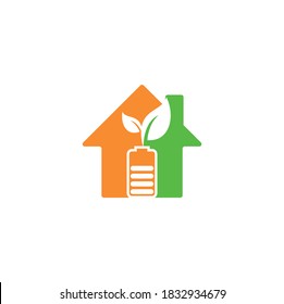 Battery leaves house shape concept vector logo design. Battery and leaf icon natural energy symbol design element logo template