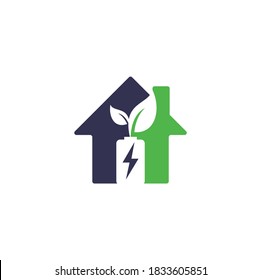 Battery leaves house shape concept vector logo design. Battery and leaf icon natural energy symbol design element logo template	