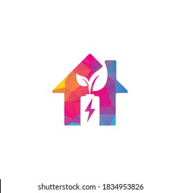 La batería deja la forma de la casa diseño del logo vectorial. Icono de batería y hoja símbolo de energía natural diseño de elemento plantilla de logotipo	