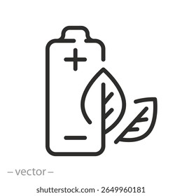Batterij met bladeren pictogram, eco schone batterij, ecologische accumulator, milieuvriendelijke energie, groene lading van elektriciteit, dunne lijn symbool op witte achtergrond - bewerkbare lijn vector illustratie EPS10