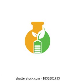 La batería deja el diseño del logotipo vectorial de forma de laboratorio. Icono de batería y hoja símbolo de energía natural diseño de elemento plantilla de logotipo	