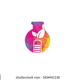 La batería deja el diseño del logotipo vectorial de forma de laboratorio. Icono de batería y hoja símbolo de energía natural diseño de elemento plantilla de logotipo	