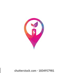 Battery leaves map pin shape concept vector logo design. Battery and leaf icon natural energy symbol design element logo template	