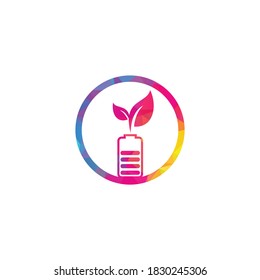 Akkublätter Vektorlogo-Design. Logo-Vorlage für das Design des Naturenergiesymbols für Batterien und Blätter