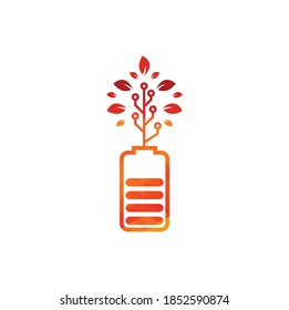 Akkublätter Vektorlogo-Design. Logo-Vorlage für das Design des Naturenergiesymbols für Batterien und Blätter