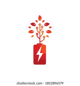 La batería deja el diseño del logotipo vectorial. Icono de batería y hoja símbolo de energía natural diseño de elemento plantilla de logotipo