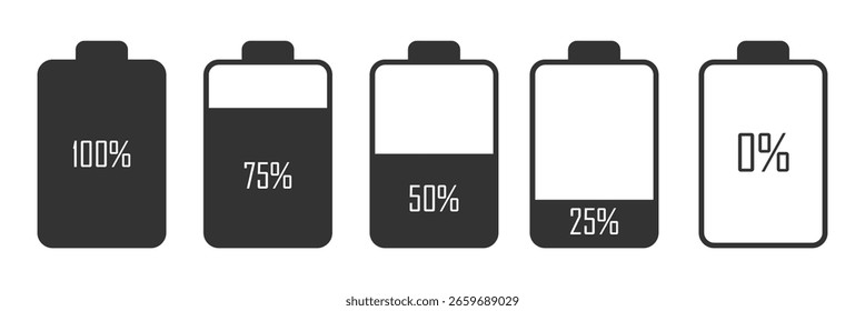 Battery level capacity indicator icon set. Collection of charging battery symbol. Charge level round diagram infographic vector illustration. Battery capacity progress bar symbol. Circular accumulator