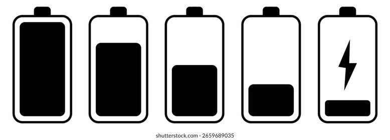 Battery level capacity indicator icon set. Collection of charging battery symbol. Charge level round diagram infographic vector illustration. Battery capacity progress bar symbol. Circular accumulator