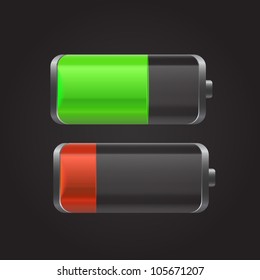 Battery with the level of charge and reflection green and red. Can be used for web-sites, in different interfaces, laptops, etc. Vector illustration.