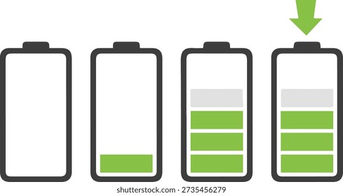 Conjunto de iconos de progreso de carga de nivel de batería que muestra el indicador de energía de vacío a lleno en estilo de Vector plano, aislado sobre fondo blanco.