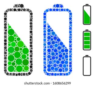 Battery level composition of filled circles in various sizes and color tinges, based on battery level icon. Vector filled circles are composed into blue composition.