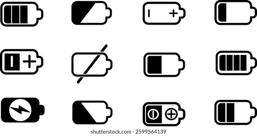 Battery level display mark set, 
Battery icons set on isolated background, vector illustration