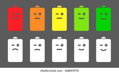 Battery level emoji or smiley faces icons. Showing health of the battery visualization. Colored and white icon set on gray background. Isolated Vector Illustration.
