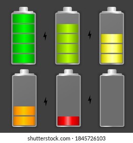
Battery level, full and empty, low and high. Discharge indicator of the battery of the phone, car. Energy sign. Vector image.
