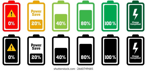 Conjunto de iconos de nivel de batería. Símbolo de Estado de Recargo con porcentaje y señal de carga. Indicador de nivel de potencia para App. Ilustración vectorial