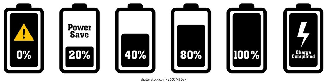 Conjunto de iconos de nivel de batería. Símbolo de Estado de Recargo con porcentaje y señal de carga. Indicador de nivel de potencia para App o interfaz de usuario. Ilustración vectorial