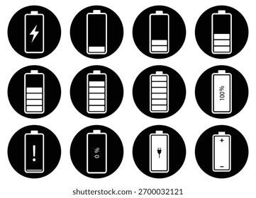 Conjunto de Ícones de Nível de Bateria — Coleção de Vetores Coloridos e em Contorno que Mostram Indicadores de Status de Carga, Energia e Energia para Interface do Usuário Móvel e Design de Aplicativo