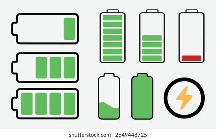 Battery Level Icon Set of Line Vector Style with Low, Medium, Full, and Charging Indicators