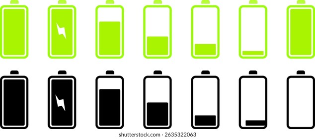 Symbol für Akkustufe, das das Aufladen anzeigt. Enthält Symbole wie Ladegerät, Batterieladeanzeige, Vektorhintergrund,