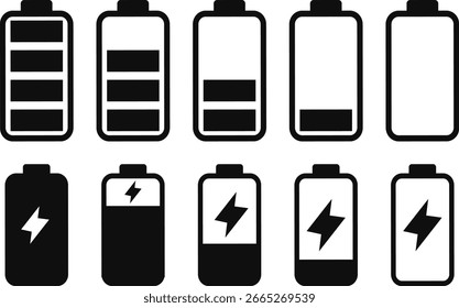 Batteriestandard-Symbol mit Anzeige der Aufladung, Concept power, energy, low, Element mit Blitzaufladezeichen,
