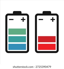 Conjunto de iconos de nivel de batería que muestra el Estado de Recargo completo y bajo. Diseño plano y moderno adecuado para App móviles, UI o UX, Sitios web, infografías y proyectos relacionados con la tecnología.