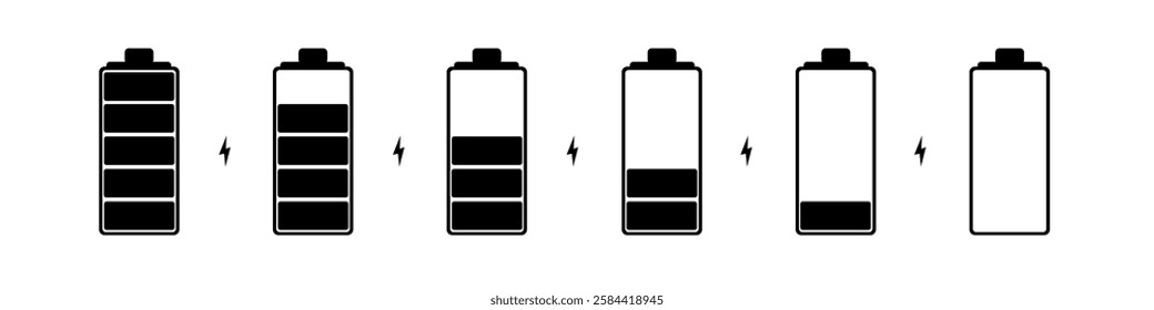 Battery level icons, full and empty, low and high. Tag battery discharge indicator for phone, auto. Energy sign. Vector image.	