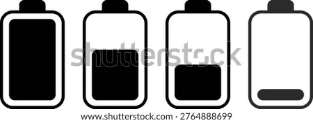 Battery level icons set. Full half low empty charge energy status. Isolated vector minimal outline power indicator UI elements. Apps dashboards devices design. Technology interface system collection