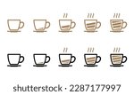 Battery level indicator in black and brown line and colored outline coffee cup on dish icon set