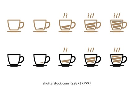 Battery level indicator in black and brown line and colored outline coffee cup on dish icon set