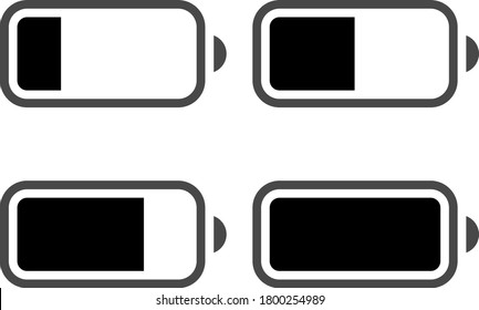 Battery level indicator, black icon set. Isolated battery charge symbols on white background. Energy evolution or variation power signs. Smartphone battery UI design, flat Illustration.