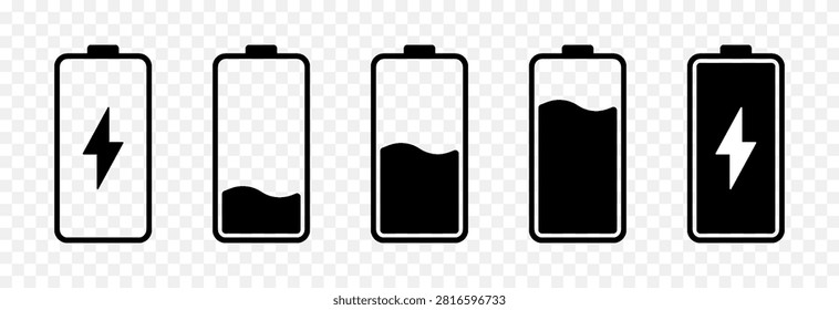 Battery level indicator icon set. Black battery level indicator PNG. Battery indicator showing battery status from empty to full.