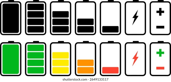 Battery Level Indicator Icons Set  Full to Empty and Charging