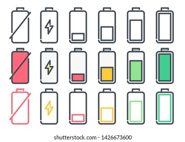 Battery level and indicator related different styles vector icons.