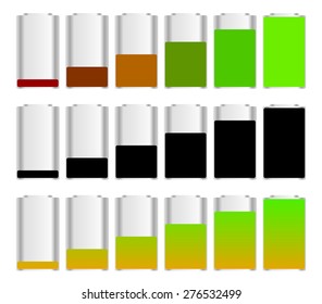 Battery level indicator set with 3 versions. Recharging, energy conservation, energy consumption concepts. Vector.