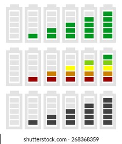 Battery level indicator symbol set from low to high. No energy, charge, recharge battery symbols in sequence. Power consumption, generation, conservation.