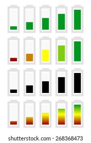 Battery level indicator symbol set from low to high. No energy, charge, recharge battery symbols in sequence. Power consumption, generation, conservation.