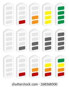 Battery level indicator symbol set from low to high. No energy, charge, recharge battery symbols in sequence. Power consumption, generation, conservation.