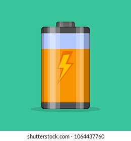 Battery level indicator vector icon in flat style. Glossy transparent Battery with lightning on green background. Vector illustration
