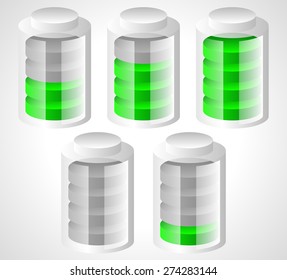 Battery level indicators. 3d batteries with cylindrical shapes.