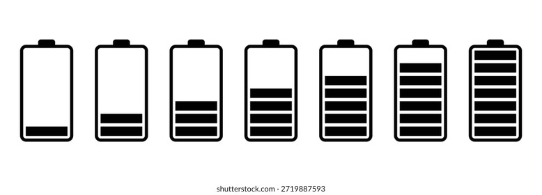 Indicadores de nivel de batería. Iconos de nivel de Recargo de batería. Pictogramas de nivel de energía de la batería en estilo de contorno. Ilustración vectorial. EPS 10